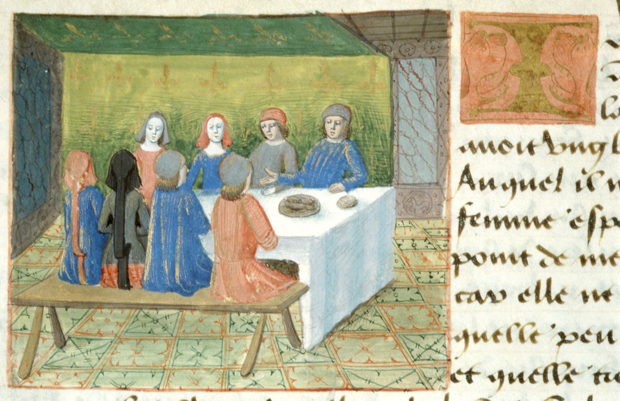 Ms Hunter 252 f.133v Meal, Les Cent Nouvelles Nouvelles, 1462 tekijältä French School