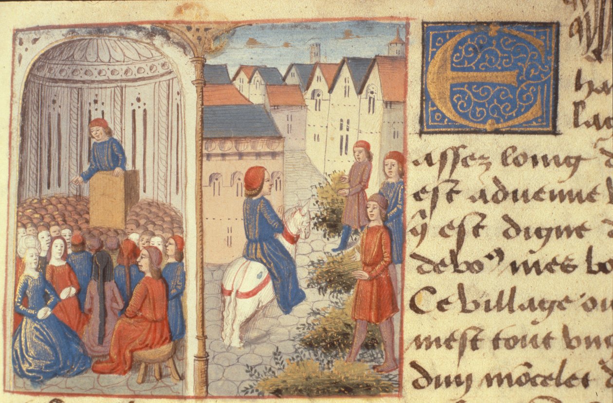 Ms Hunter 252 f.183r Luento ja ryntäys kaduilla, Les Cent Nouvelles Nouvelles, 1462 tekijältä French School