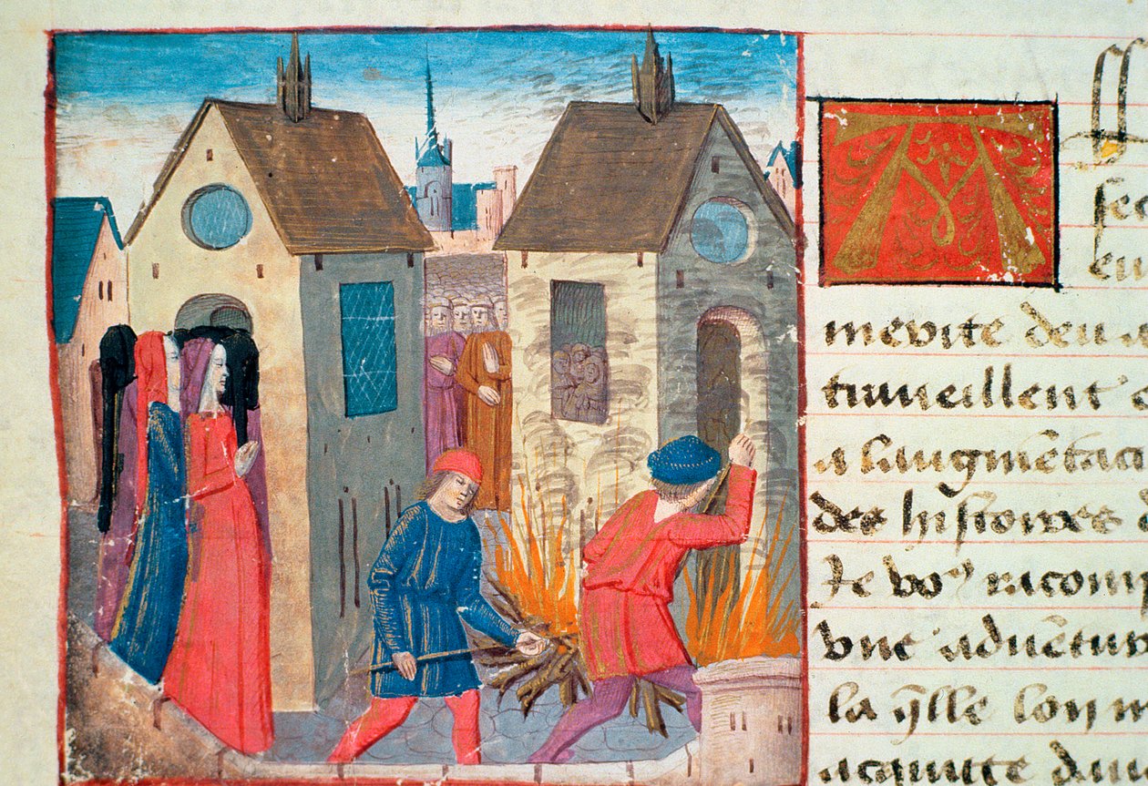 Ms Hunter 252 f.75v Talon polttaminen, Les Cent Nouvelles Nouvelles, 1462 tekijältä French School