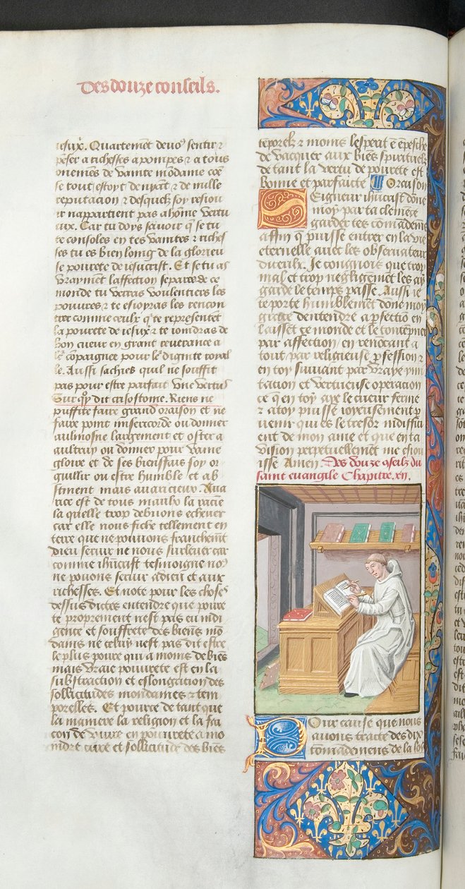 Ms Hunter 36-39, vol.3 fol.47v Karthusialainen munkki valkopukuisesti kirjoittamassa käsikirjoitusta, Ludolf Sachsenin kuvitus Vita Christista, n. 1490 tekijältä French School