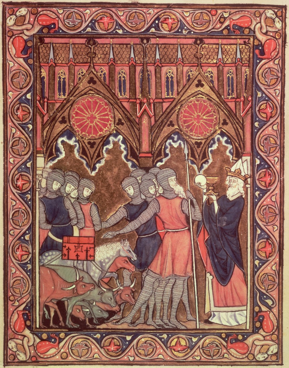 Ms Lat 10525 fol.6 Abraham esittelee vankinsa ja saaliinsa Melkisedekille, St. Louisin psalteri, n. 1258-1270 tekijältä French School