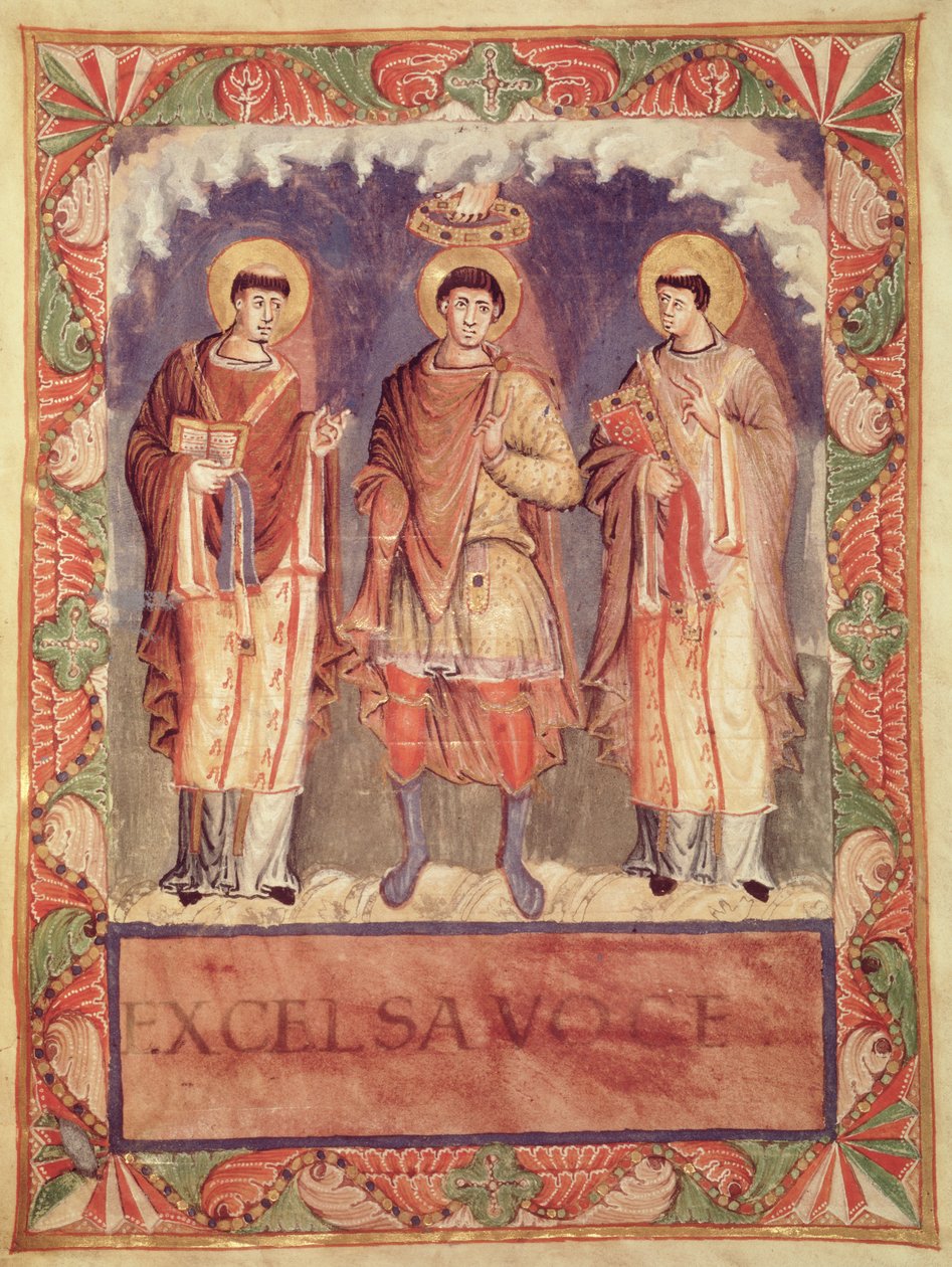 Ms Lat 1141 fol.2v Kaarle II:n (823-877) kruunaus Reimsin ja Trevesin arkkipiispojen kanssa, Sacrementaire de Metz (katso myös 159999) tekijältä French School