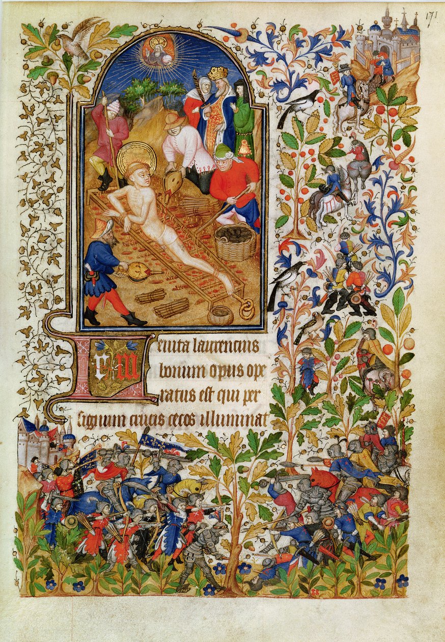 Ms Lat 1156b fol. 171 Pyhän Laurentiuksen marttyyrikuolema, Marguerite dOrleansin tunneilta, n. 1426 tekijältä French School