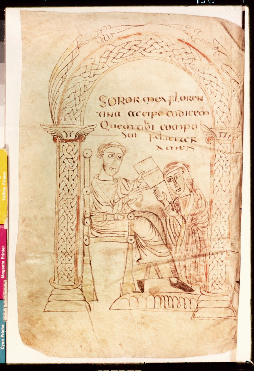 Ms Lat 13396 Fol.1 Isidore tarjoaa teoksensa sisarelleen Florentinalle, teoksesta De Catholic Faith from the Old and New Testament for juutalaisia ​​vastaan ​​Isidore of Sevilla (n.560-636) n.800 tekijältä French School