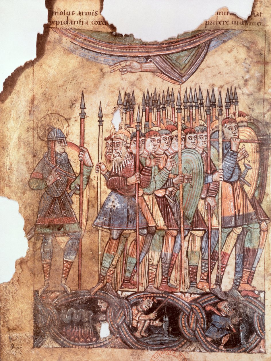 Ms Lat 1390 fol.7v Foot Soldiers in the Crusades, La Vie de Saint Aubin dAngers tekijältä French School