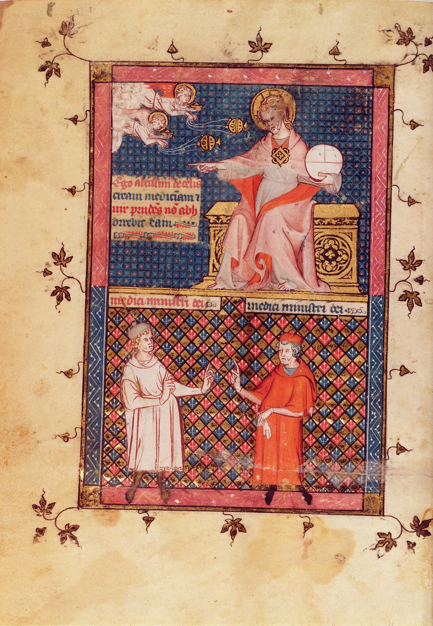 Ms Lat 14023 fol.1v Jumala luo lääkettä ja antaa tietoa lääkäreille, Avicennan (Ibn Sina) lääketieteen kaanonista (980-1037), kääntäjä Gerard de Cremone (1114087) n.1320 tekijältä French School