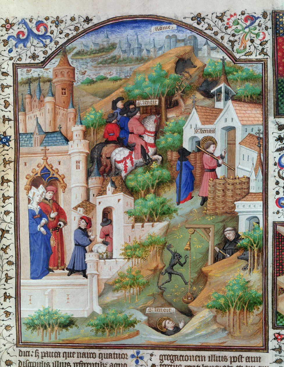 Ms Lat 17294 Fol.438 Kohtauksia Pyhän Benedictin (n. 480–550) elämästä Bedfordin herttuan breviaarista, n. 1424–35 tekijältä French School