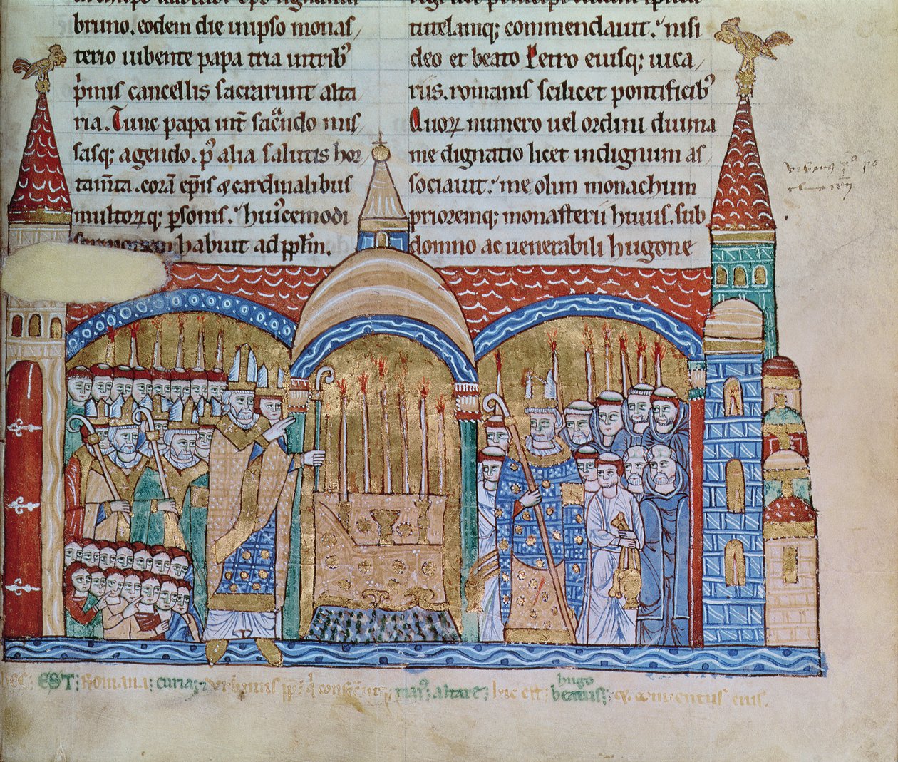 Ms Lat 17716 fol.91 Clunyn kirkon vihkiminen paavi Urbanus II:n (1042-99) toimesta marraskuussa 1095 tekijältä French School