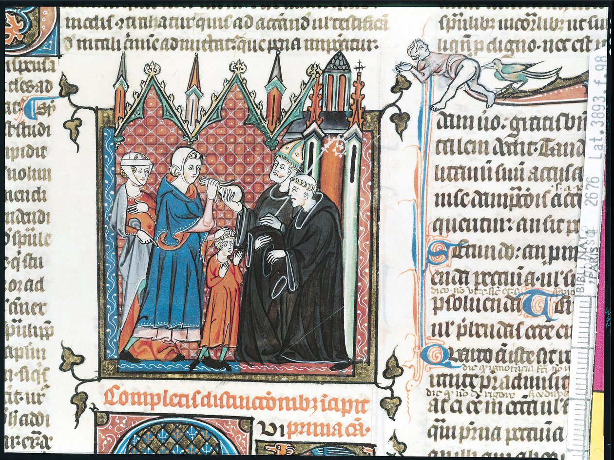Ms Lat 3893 Fol.98 Vanhemmat tarjoavat piispalle rahaa viedäkseen poikansa luostariin, 1314 tekijältä French School
