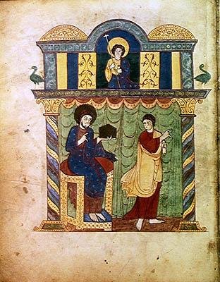 Ms Lat 8878 fol.1v Jeesus esittelee evankeliumia Pyhälle Matteukselle, Asturian munkin Beatus of Liebana (n.776) Apokalypsin kommentista n.1028-72 (vellum) tekijältä French School