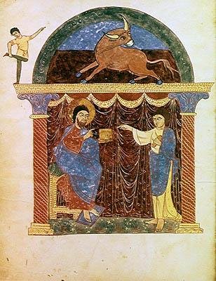 Ms Lat 8878 fol.3v Jeesus esittelee evankeliumin Pyhälle Luukalle, Asturian munkin Beatus of Liebana (n.776) Apokalypsin kommentista n.1028-72 (vellum) tekijältä French School