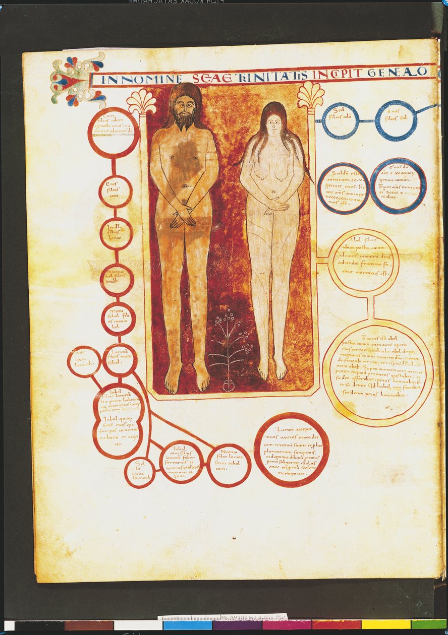 Ms Lat 8878 fol.5v Aadam ja Eeva ja Kristuksen sukututkimus, Asturian munkin Beatus of Liebana (n. 776) Apokalypsin kommentista n. 1028-72 tekijältä French School