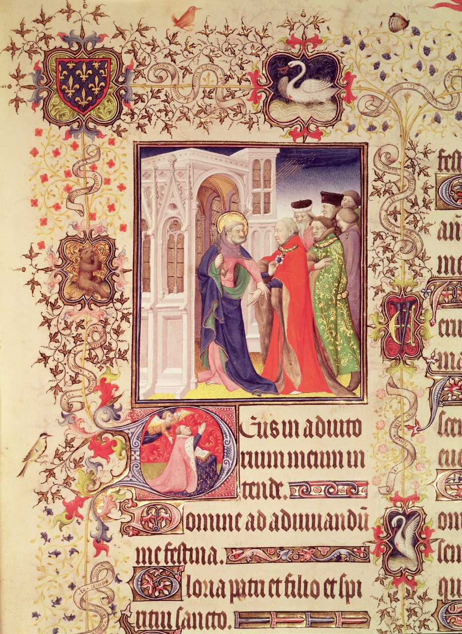 Ms Lat 919 fol.96 Jean de France, Duc de Berry, jota St. Peter johdatti taivaan porteille historioitellulla alkukirjaimella 