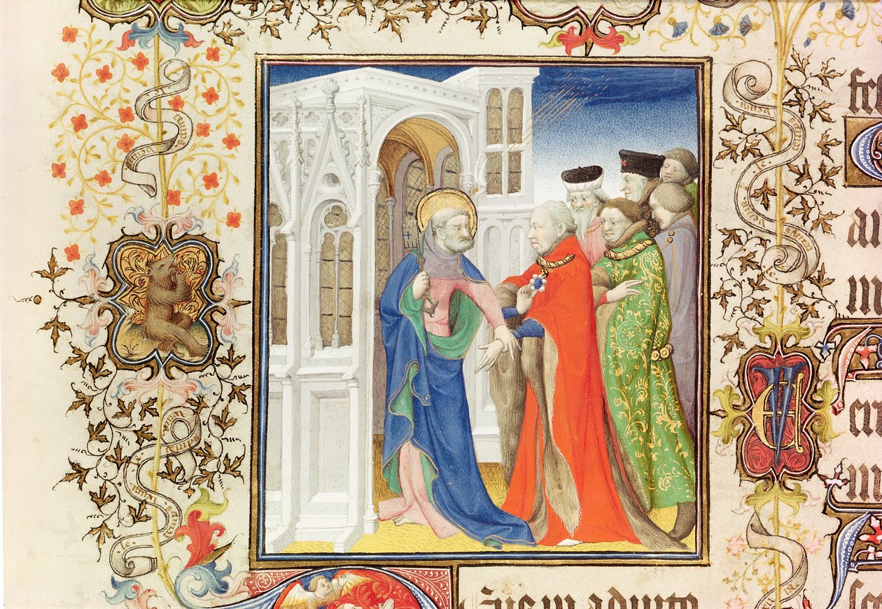 Ms Lat 919 fol.96 St. Peter, joka johtaa Jean de Francen (1340-1416) Berryn herttua paratiisiin, Grandes Heures de Duc de Berrystä, 1409 (katso myös 159985 ja 30908) tekijältä French School