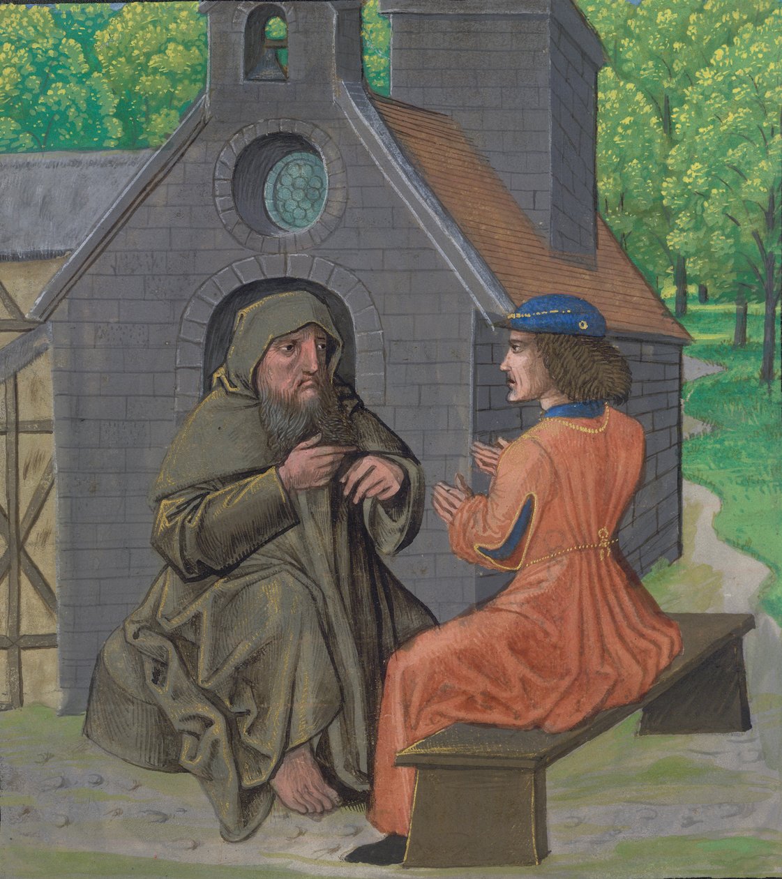 Ms Royal 14 E. 11, f.338 Erakko opastamassa ritaria, kirjasta "Chemin de Valliance ja teoksia ranskalaisessa säkeessä ja proosassa", n. 1475 (vellum) tekijältä French School