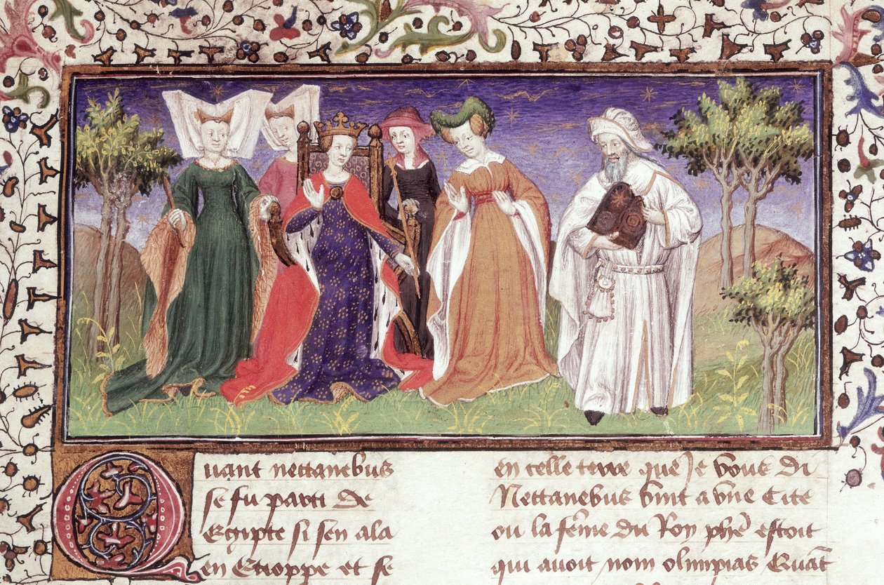 Ms Royal 20 B.XX fol.7 Olympias Nectanebuksen kanssa, Pseudo-Callisthenesin Le Vraye Histoire du Bon Roy Alixandresta, 1400-luvun alku (vellum) tekijältä French School