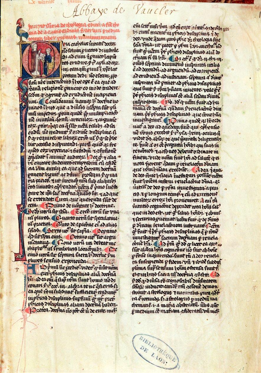 Ms de Vauclair 160 Fol.1 -sivu St. Thomas Aquinuksen (1225-74) Somme de Theologiesta tekijältä French School