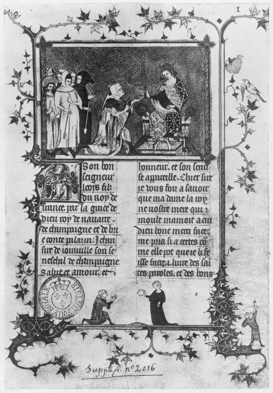 Ms fr 13568 fol.1 Jean de Joinville tarjoaa kirjaansa St. Louisista (1215–1270) Louis X:lle (1289–1316) itsepäiselle tekijältä French School