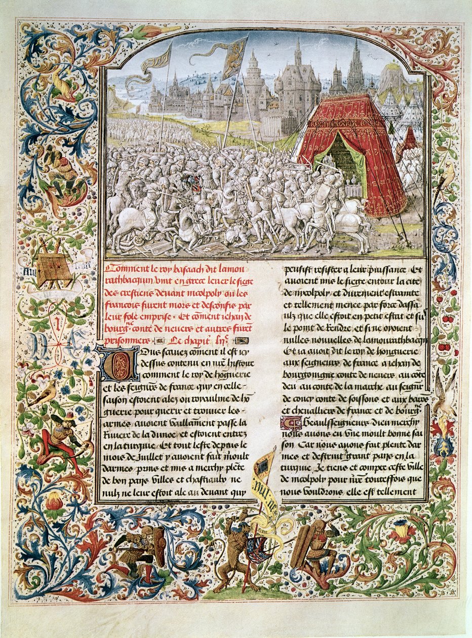 Ms t.4 fol.230 Nikopoliksen taistelu vuonna 1396, faksimile Breslaun käsikirjoituksesta, Froissarts Chronicle, 1472 tekijältä French School