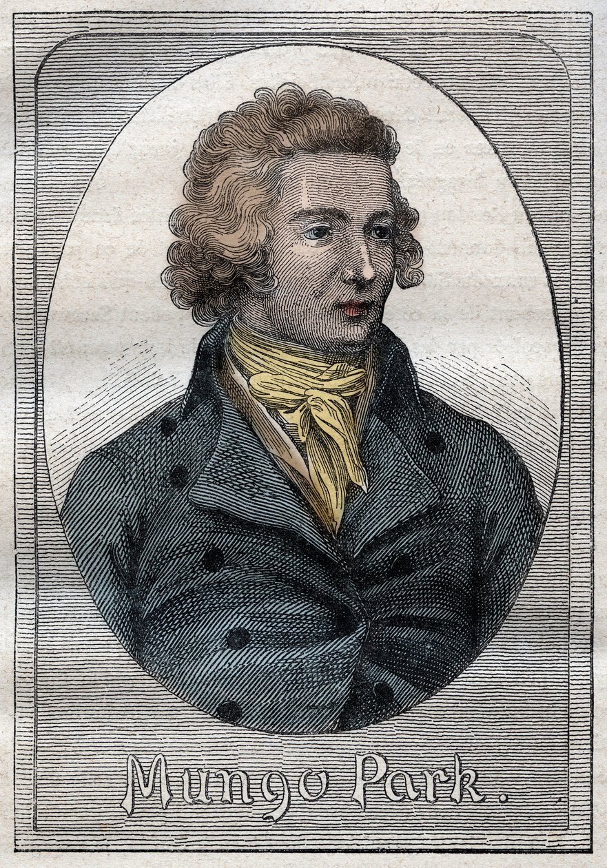 Mungo Park, skotlantilainen tutkimusmatkailija - Muotokuva Mungo Parkista (1771-1806), skotlantilainen tutkimusmatkailija - kuvitus teoksesta "1700-luvun suuret merenkulkijat" tekijältä French School