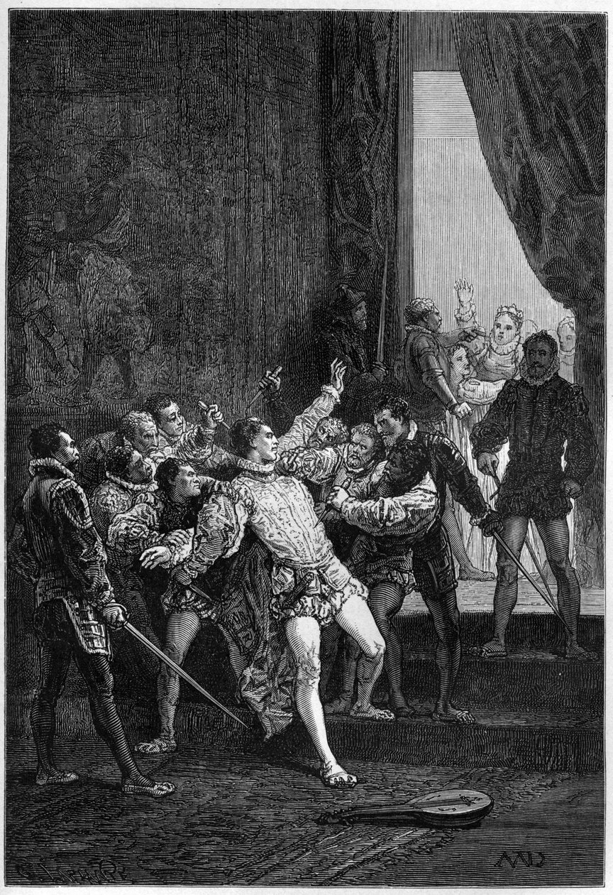 David Rizzion (Davide) murha Mary Stuartin (Marie Iere) (1542-1587) läsnäollessa - kaiverrus Francois Guizotin "Englannin historiaan kaukaisimmista ajoista" 1877 tekijältä French School