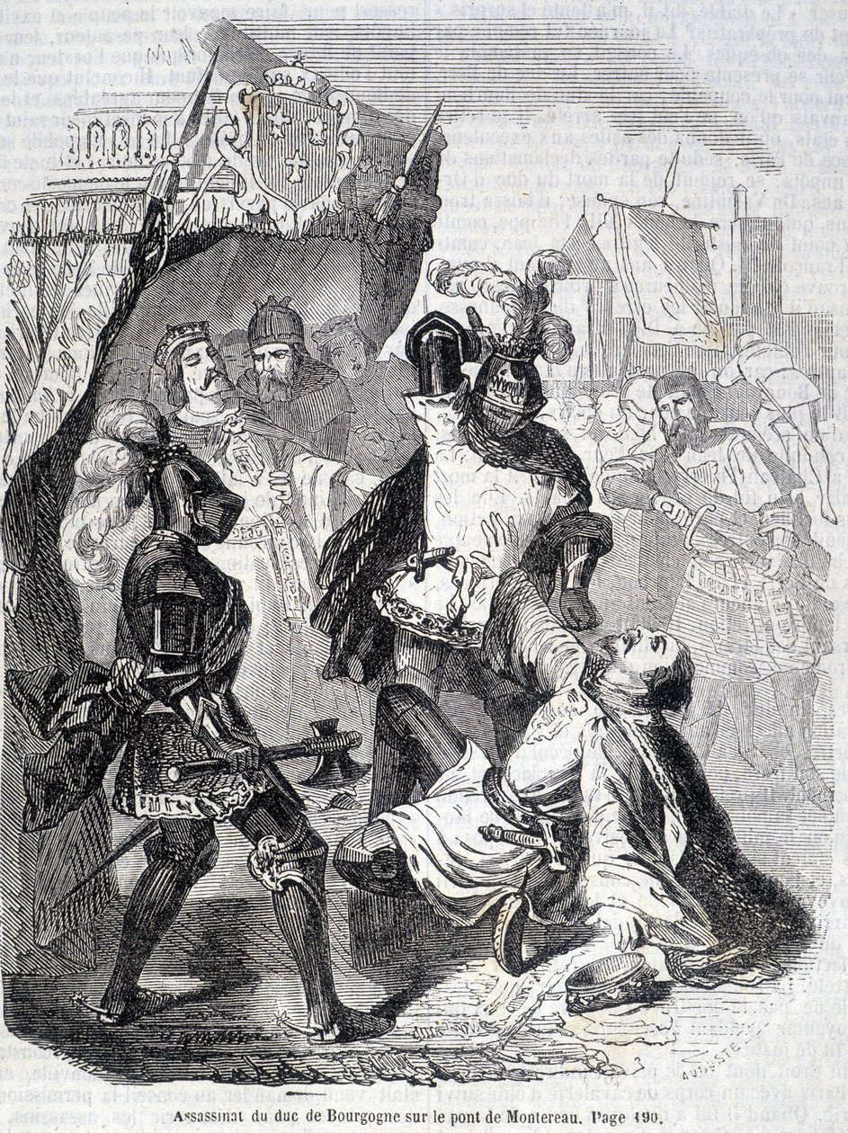 Burgundin herttuan (Jean sans Peur) murha Montereaun sillalla vuonna 1419 - teoksessa "Histoire de France", kirjoittaja L.-P. Anquetil tekijältä French School