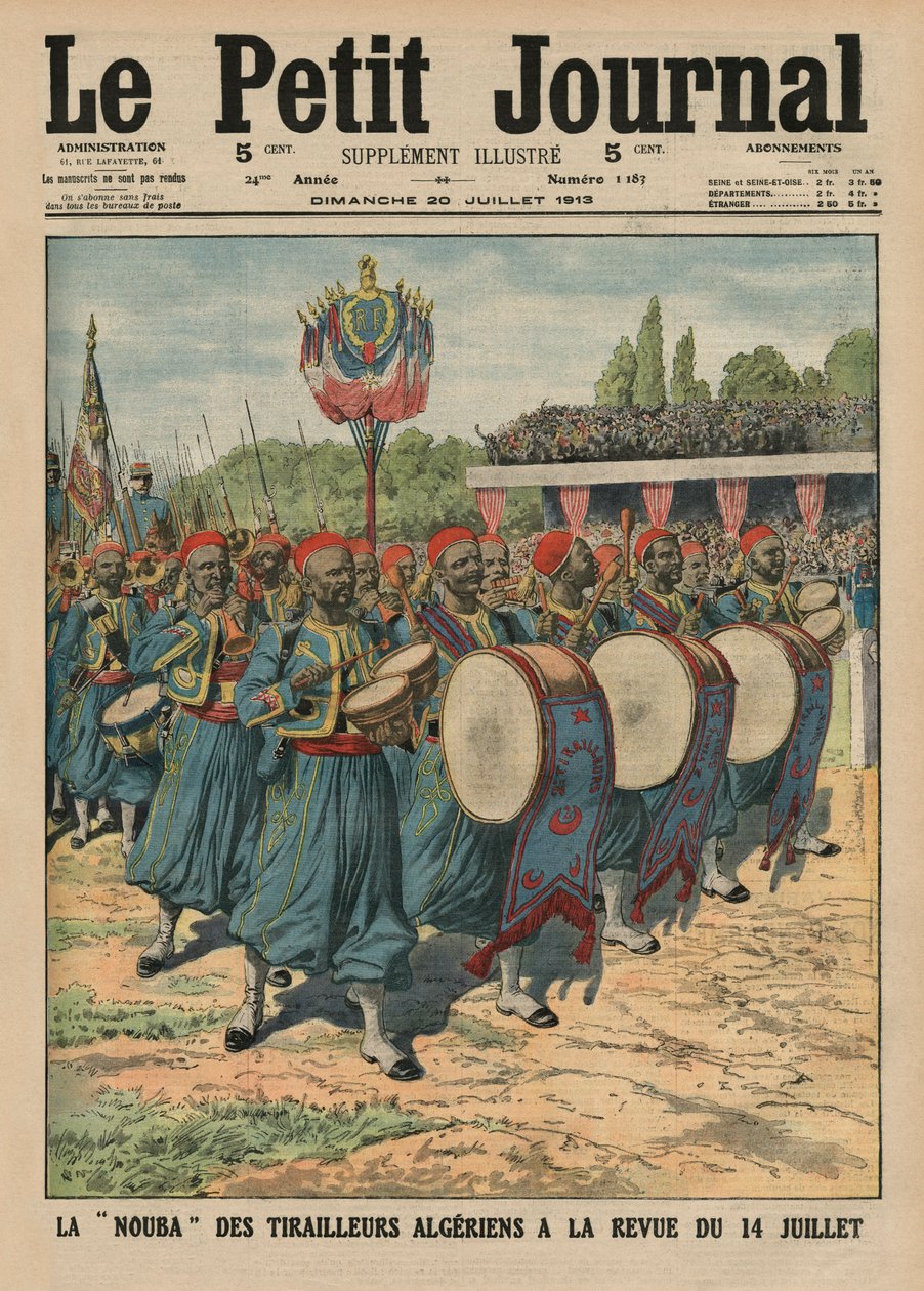 Algerialaisten jalkaväkimiesten musiikkijakso 14. heinäkuuta pidetyssä katselmuksessa, etukannen kuvitus lehdestä "Le Petit Journal", supplement illustre, 20. heinäkuuta 1913. tekijältä French School