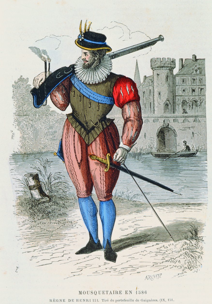 Muskettisoturi vuonna 1586, H. Gourdon de Genouillacin kuvitus Costumes de Paris a travers les siecles, kaiverrus A. Renard (värikaiverrus) tekijältä French School