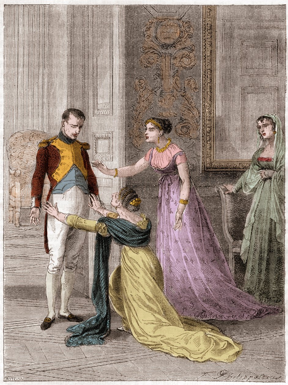 NAPOLEON Bonaparte (1769-1821), Ranskan keisari, myöntämässä Madame de Polignacille miehensä elämän armon (Jules Armand (Jules-Armand), prinssi de Polignac tekijältä French School