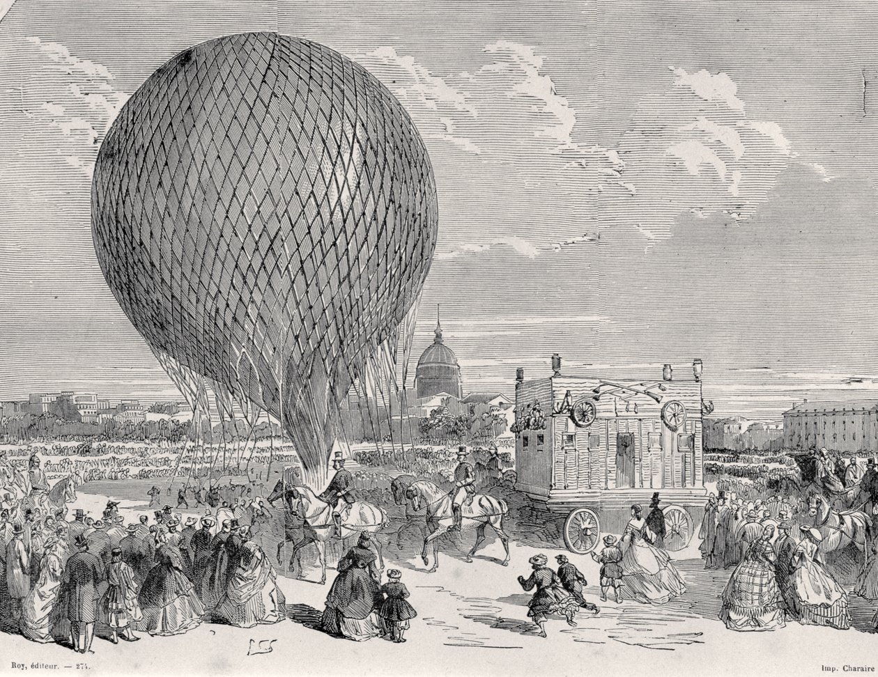 Nadars-ilmapallo, Le Géant valmistellaan Champ de Marsilla Pariisissa ensimmäiseen lentoon 4. lokakuuta 1863, kuva Pariisista Travers Les Siecles: Tome 5, 1889 tekijältä French School