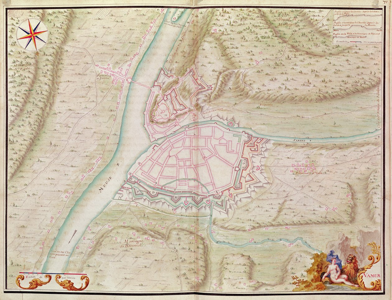 Namur ja ympäröivä alue Atlas de Louis XIV:stä. Plans des place etrangeres, 1665 (kynä, muste ja pesu) tekijältä French School