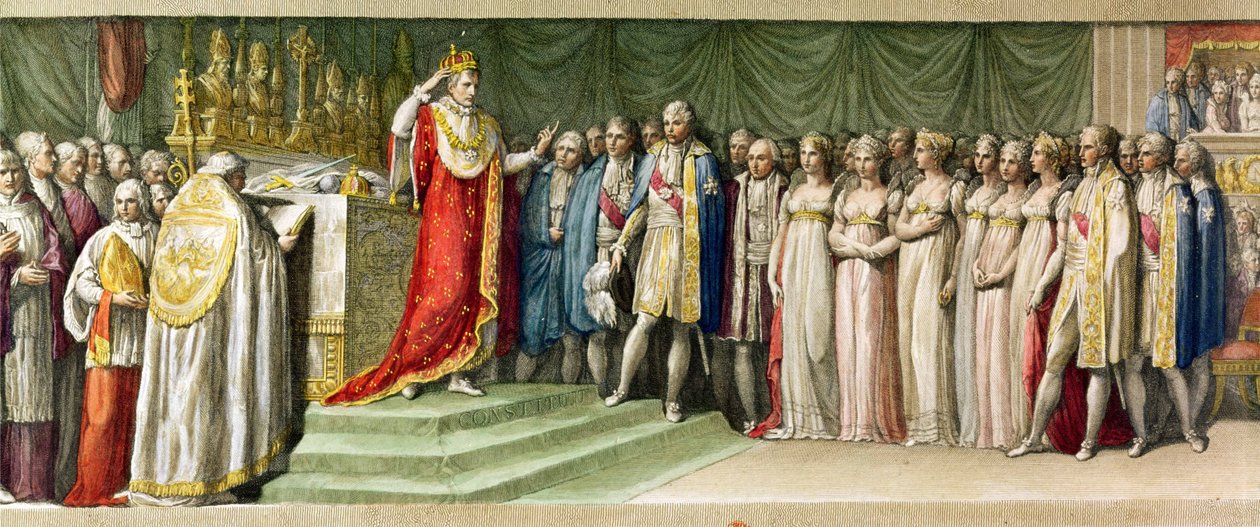 Napoleon Bonaparte (1769-1821) kruunaa itsensä langobardien rautakruunulla Milanossa, 1805 (värikaiverrus) tekijältä French School