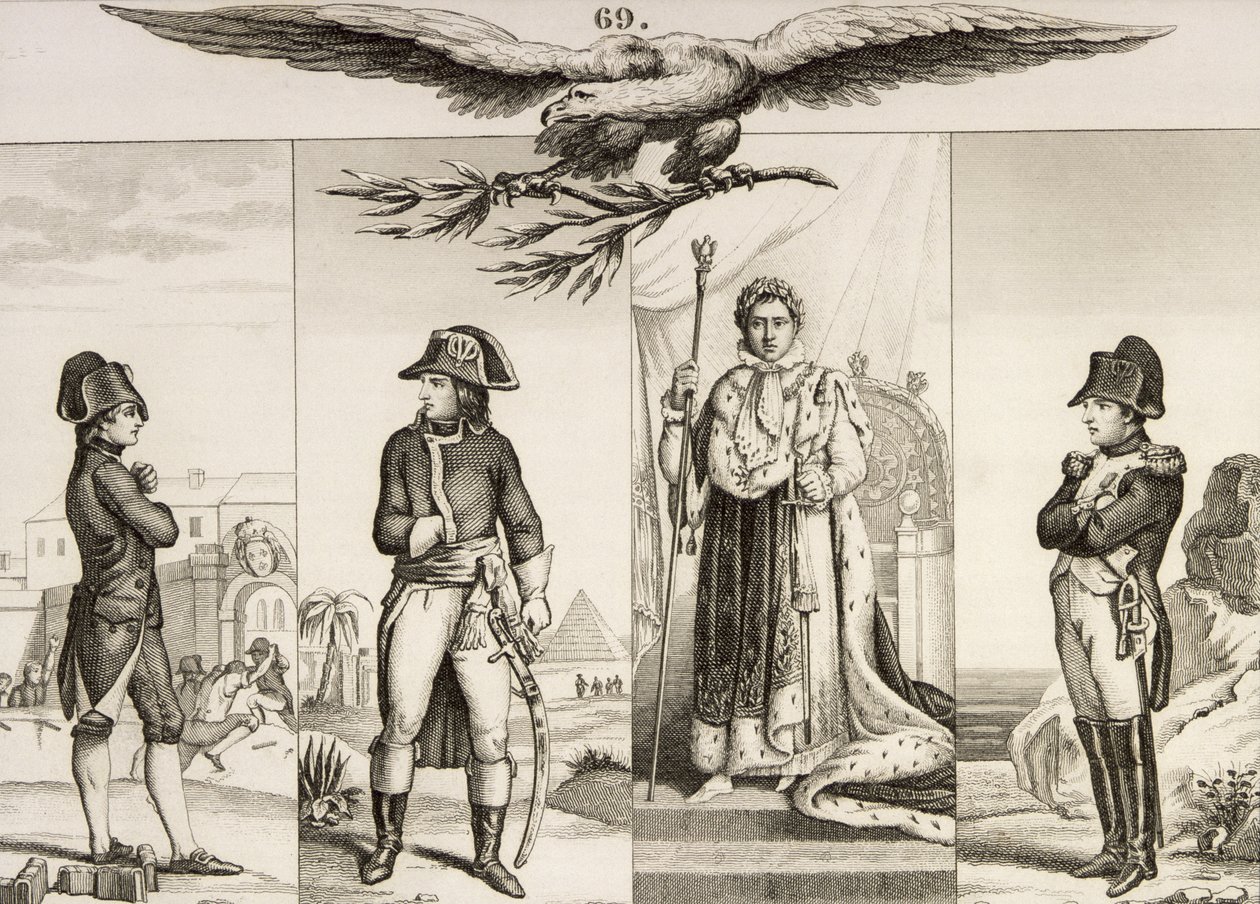 Napoleon Bonaparte (1769-1821) neljässä elämänsä vaiheessa Colartin "Histoire de France" -kirjasta, julkaistu n. 1840 tekijältä French School
