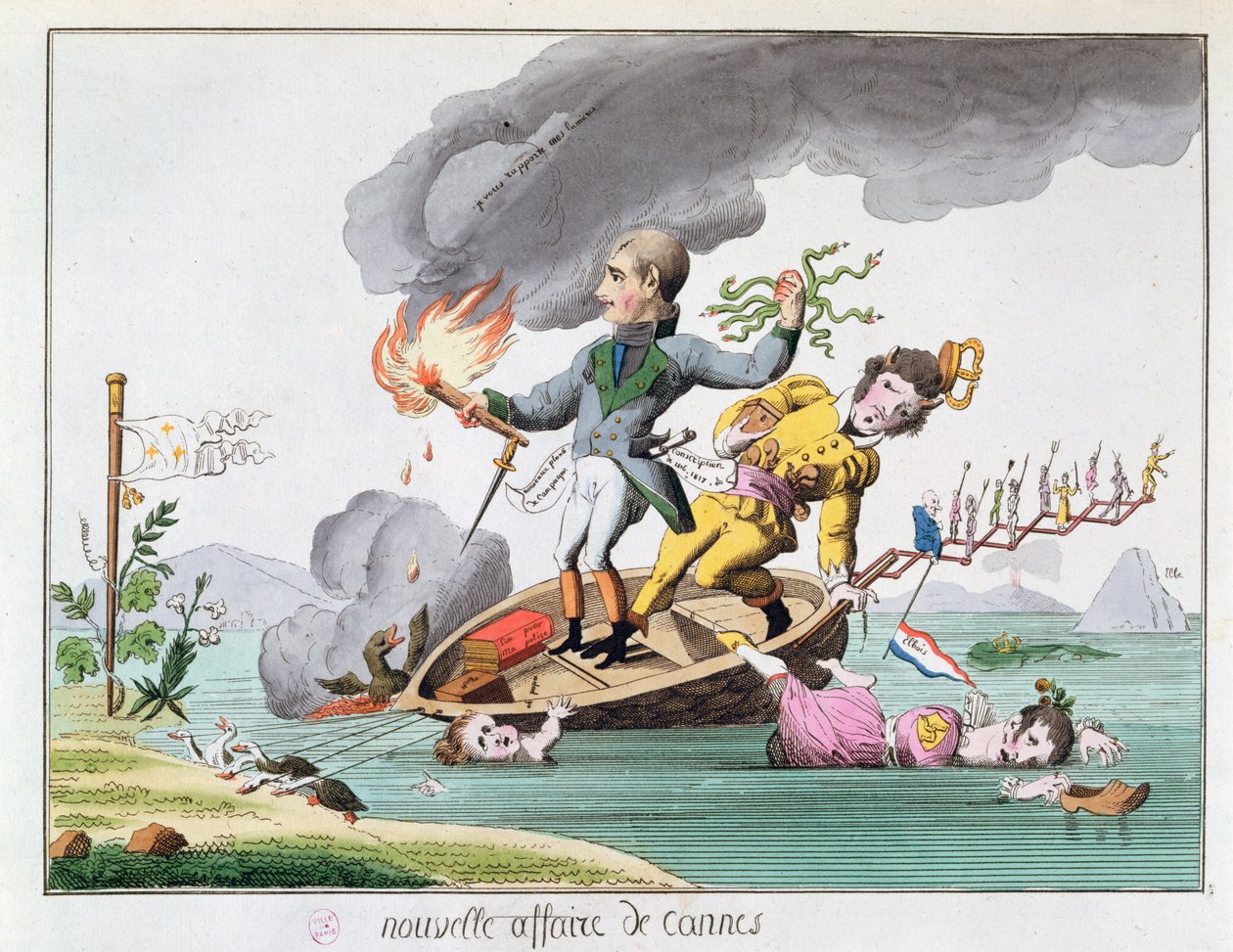 Napoleon Bonaparte (1769-1821) poistumassa lähellä Cannesia palatessaan Elbasta vuonna 1815 tekijältä French School