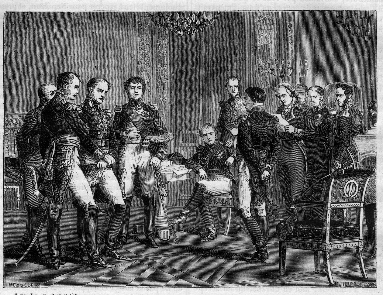 Napoleon Bonaparte - ensimmäinen Napoleonin luopuminen vuonna 1814 - Pierre Riel de Beurnonvillen kirjeen lukeminen Taranton herttua Marechal MacDonaldille Napoleonin läsnä ollessa - Adolphen "Histoire de l