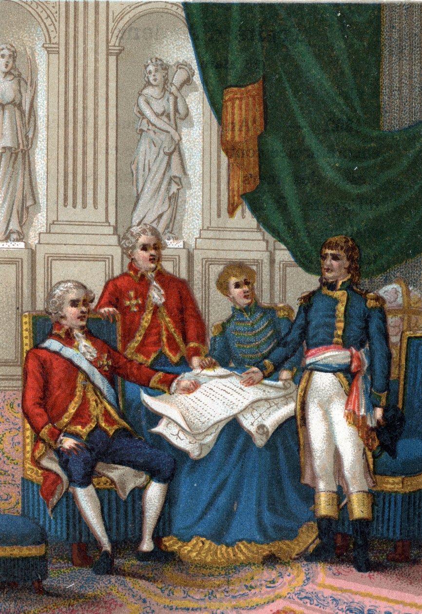 Napoleon Bonaparte Amiensissa 25. maaliskuuta 1802 Englanti ja Ranska allekirjoittivat rauhansopimuksen, joka päätti toisen eurooppalaisen liittouman Ranskaa vastaan. (Amiensin rauha, 25. maaliskuuta 1802). tekijältä French School