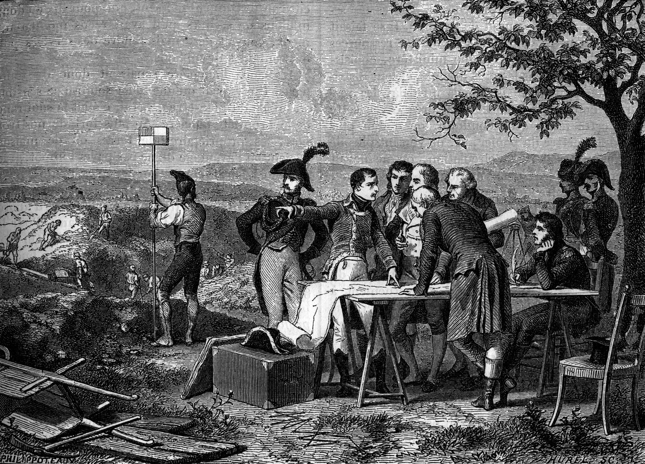 Napoleon Bonaparte ilmoittaa suunnitelman Canal de Saint-Quentinin katkaisua varten vuonna 1801 - Bonaparte ilmoittaa Saint Quentinin kanavan lävistyksestä vuonna 1801 - Kaiverrus 1800-luvulta tekijältä French School
