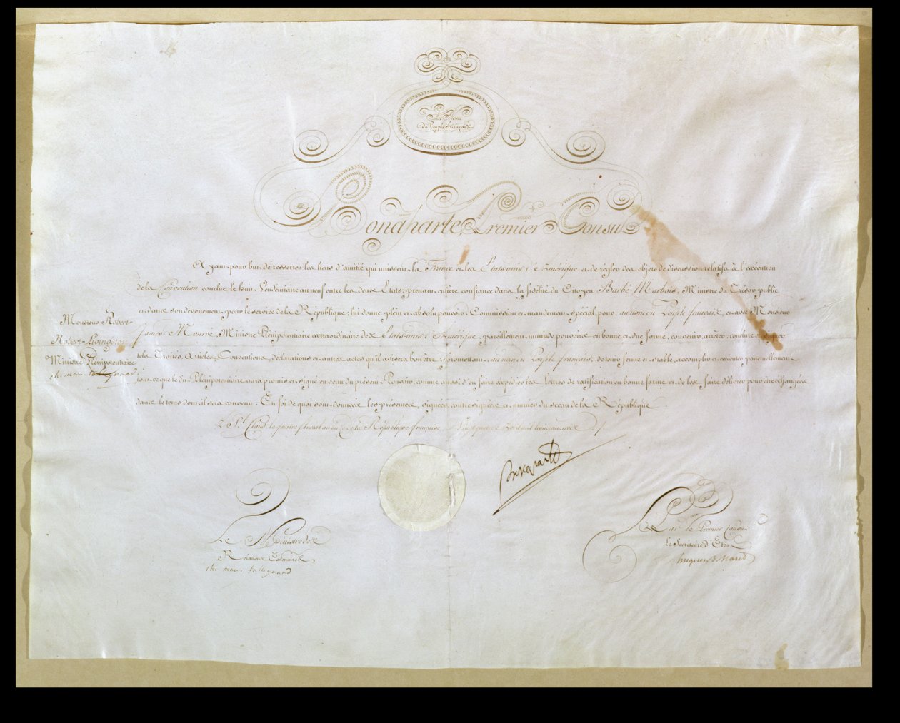 Napoleon Bonaparten (1769-1821) lupa Yhdysvaltain ostamiseen Louisianasta, 30. huhtikuuta 1803 (muste vellum) tekijältä French School