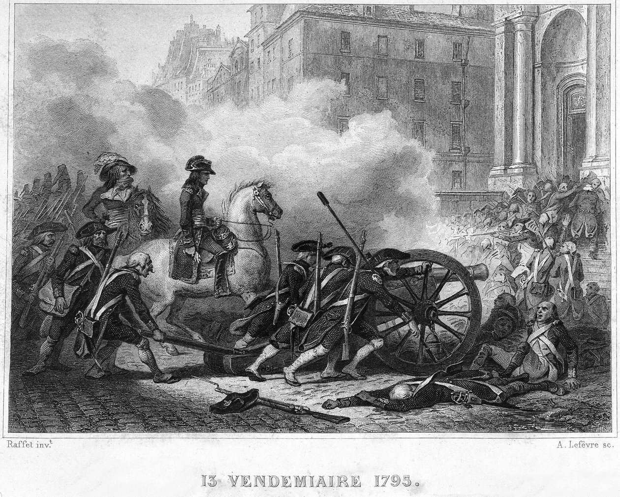 Napoleonin murskaamassa kuninkaallisten kapinaa - Napoleon Bonaparte (ravosen selässä) komentamassa vallankumouksellisia joukkoja katutaisteluissa 13. Vendemiaire (5. lokakuuta) - 13. Vendemiaire 1795 (Rojalistinen kapina 5. lokakuuta 1795): Bonaparte hill tekijältä French School
