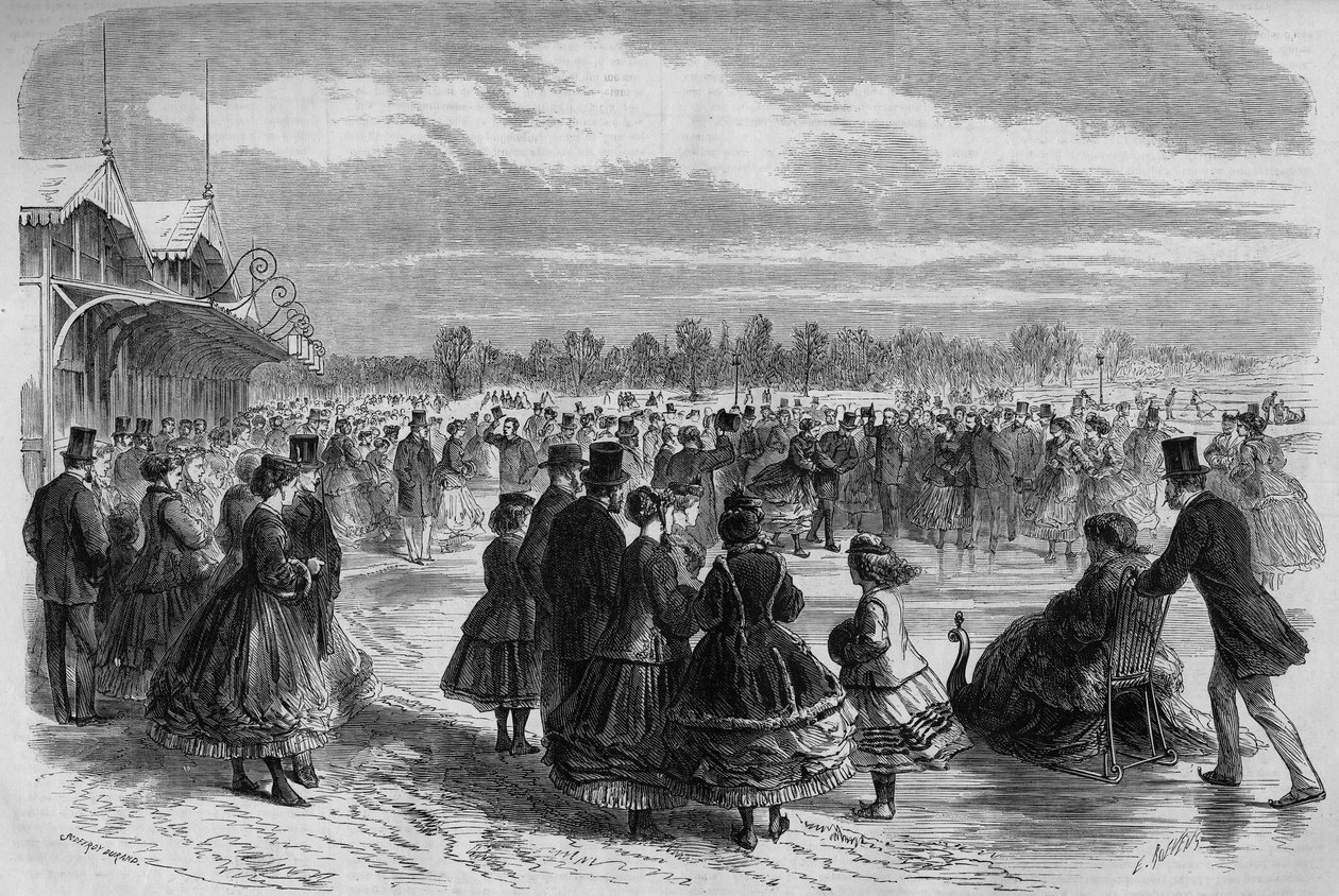 Napoleon III (1808-1873) ja keisarinna Eugenie de Montijo (1826-1920) Bois de Boulogne -luistelijakerhossa Pariisissa. Kaiverrus ""Le Monde Illustre" -julkaisussa nro 511, 26. tammikuuta 1867. tekijältä French School