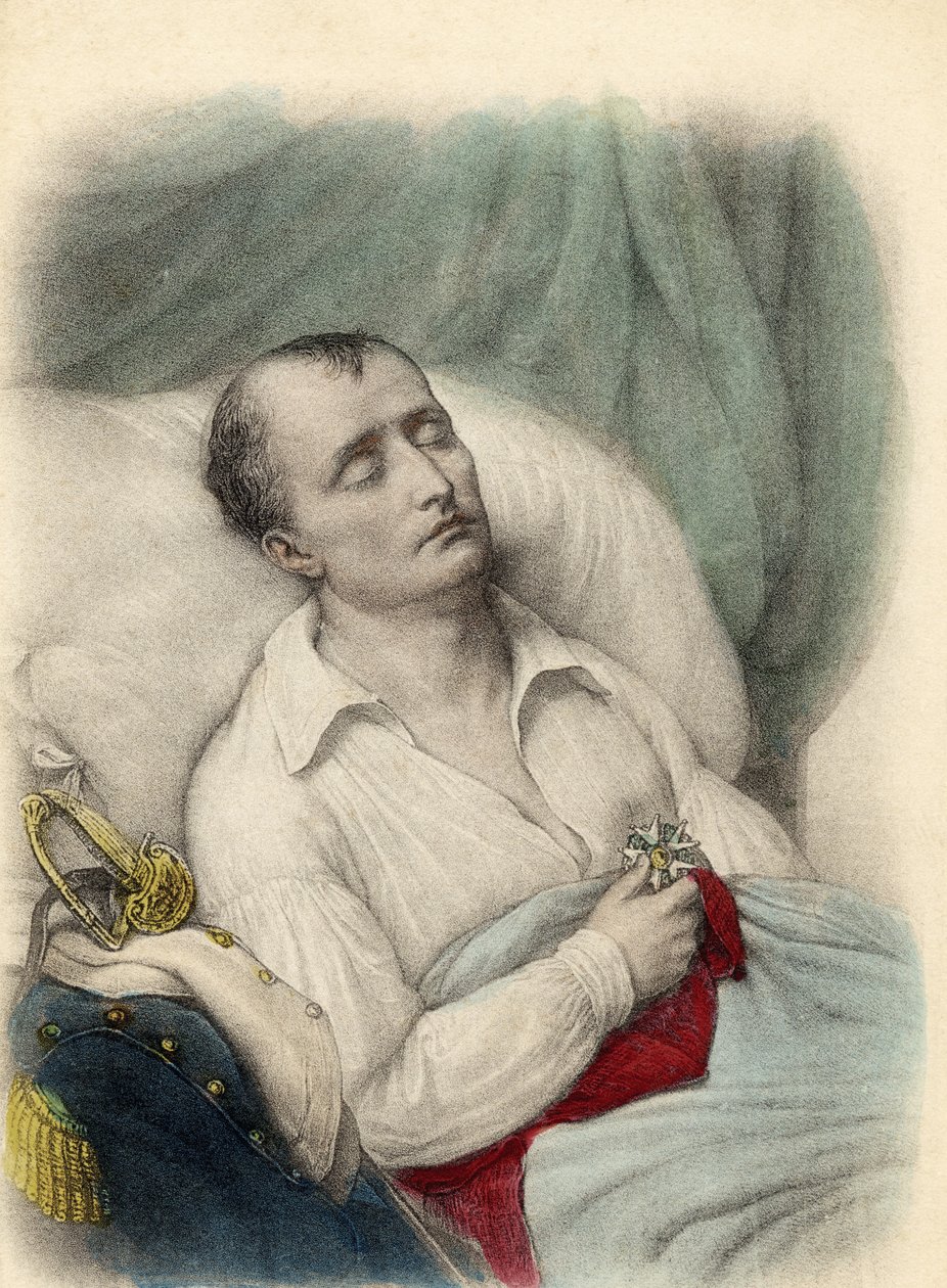 Napoleon I kuolinvuoteella pitäen Kunnialegioonan ristiä sydämellään, St. Helena, 1821 (värilitho) tekijältä French School