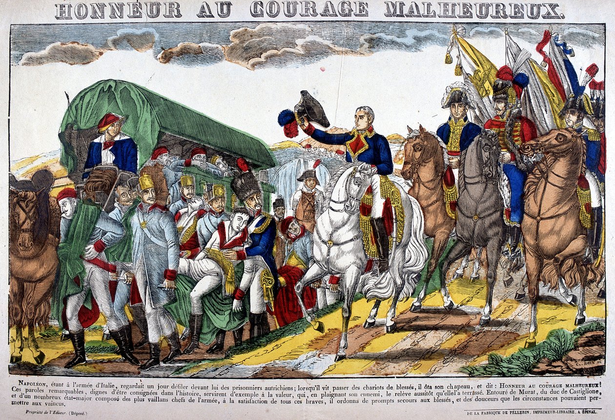 Napoleon I nostaa hattuaan haavoittuneiden saattueessa ja huudahtaa "Kunnia onnettomalle rohkeudelle!" Kuva Epinalista tekijältä French School
