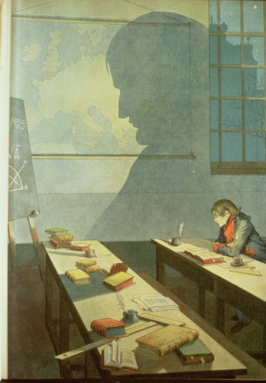 Napoleon koulupoikana, kuvitus G. Montorgneilin teoksesta "Bonaparte" 1910 (litografia). tekijältä French School