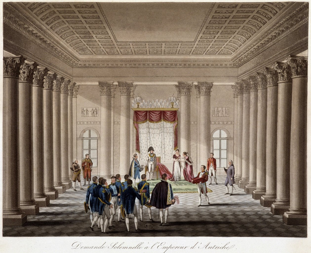Napoleon pyytää Marie Louisea naimisiin Itävallan keisarin kanssa - kirjassa ”Ranskan ja Itävallan välisen sodan historiallinen historia vuonna 1809”” tekijältä French School