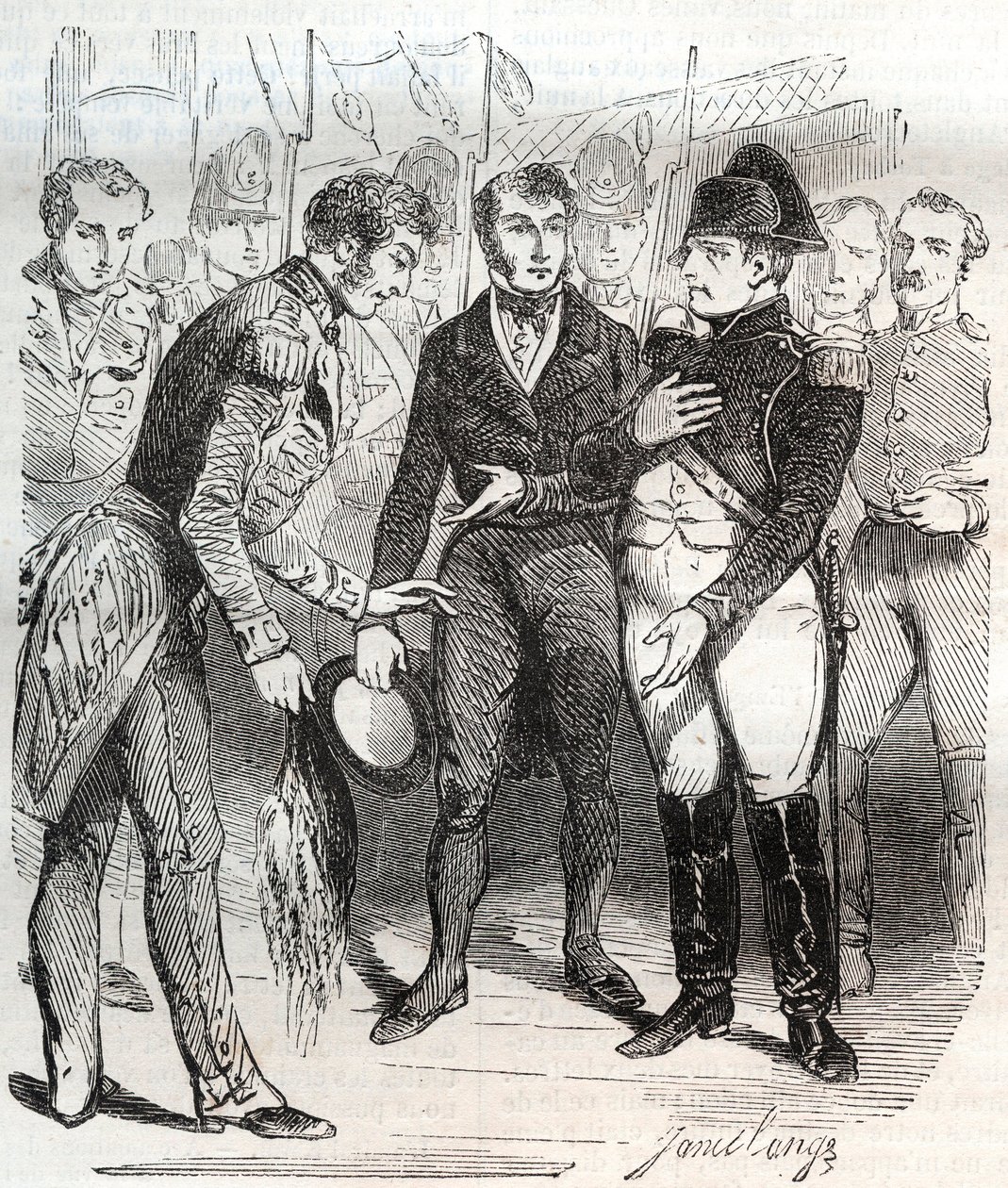 Napoleon uskoo brittiläiseen uskoon - Napoleon Bonaparte astuu brittiläiselle Bellerophon-alukselle, joka vie hänet maanpakoon St Heleneen (Saint Helene) 14. heinäkuuta 1815 - Napoleon Bonaparte astuu brittiläiseen Bellerophon-alukseen, joka vie hänet maan tekijältä French School