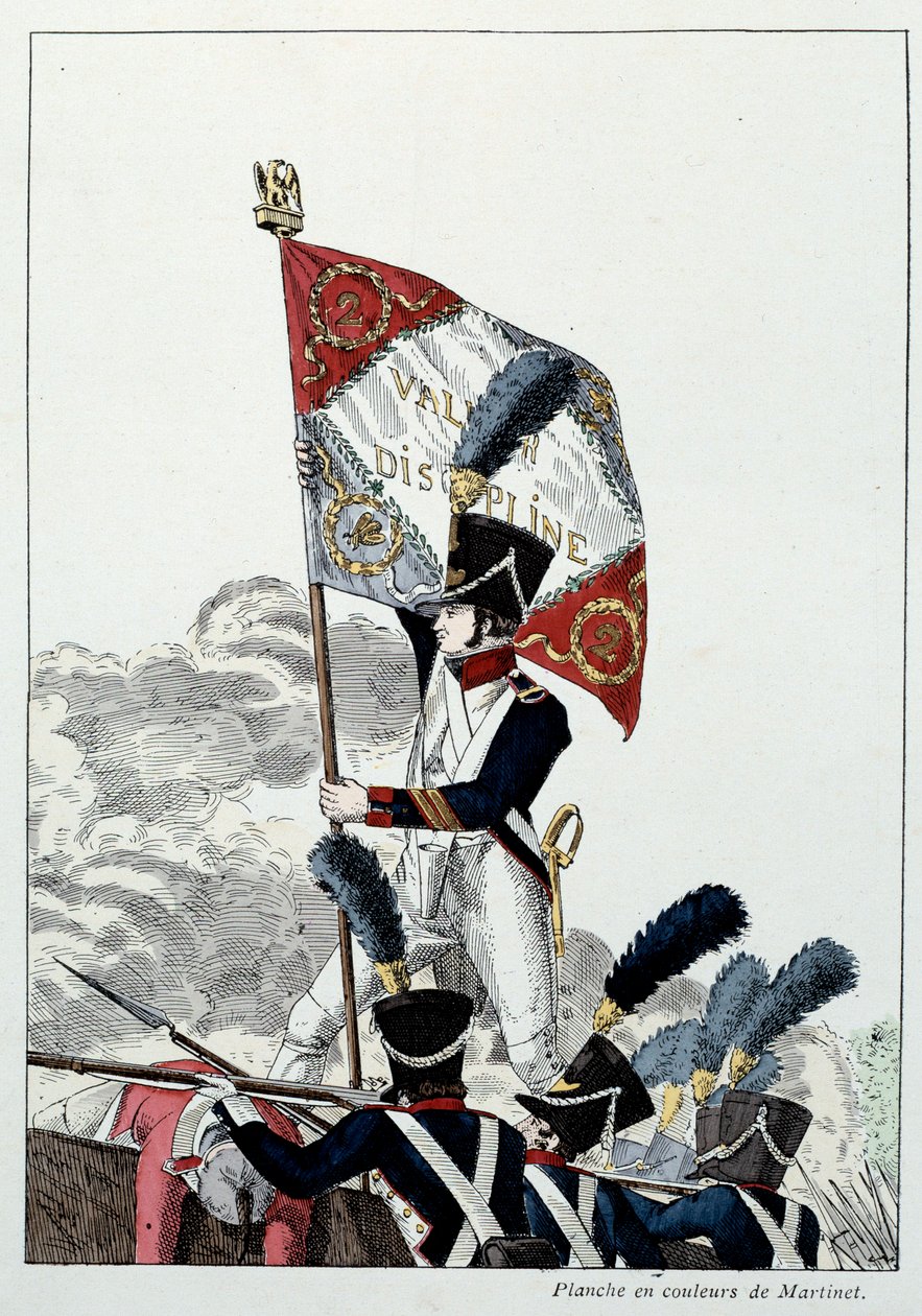 Napoleonic Armee: Line Infantry. Kersantti majuri istuttaa kotkaansa kauhun päälle, joka tuhoutui rajusti. Martinetin kaiverrus (1800-luku) 1808. Malmaison, Musee Du Chateau. tekijältä French School