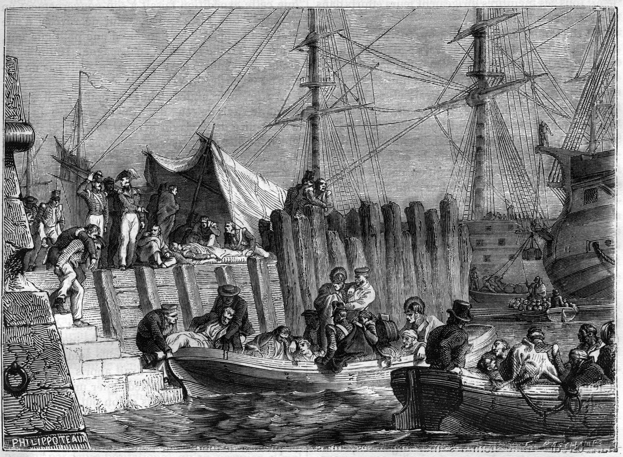 Napoleonin sodat - Englannin armeija jättää Walcherenin saaren 1809 - Englantilaiset hylkäävät Walcherenin saaren Alankomaissa vuonna 1809 - Adolphe Thiersin "Imperiumin historia konsulaatin historiaa seuranneessa" - 1879 - yksityinen kokoelma tekijältä French School