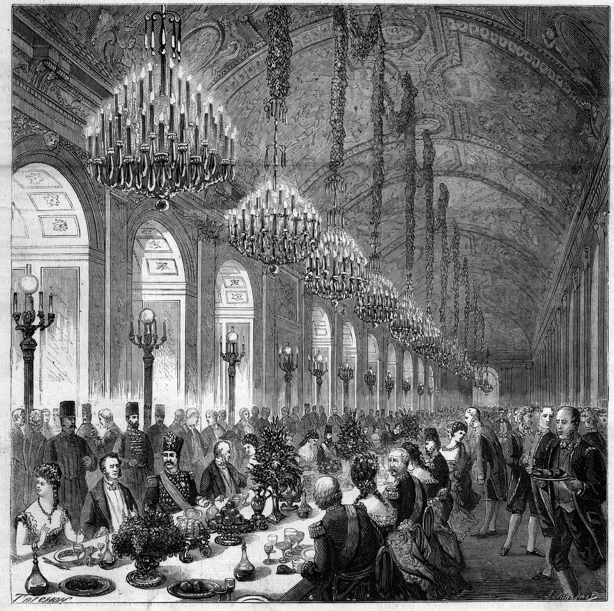 Nasir Al-Din (Nasser al-Din) (1831-1896) Shah Persiasta Versaillesiin. Juhla jäägalleriassa. hänen vasemmalla puolellaan Albert, Broglien herttua (1821-1901). tekijältä French School