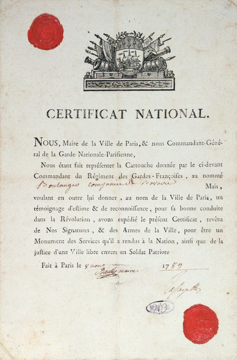 Kansallinen todistus hyvästä käytöksestä Ranskan vallankumouksen aikana, 8. elokuuta 1789 Pariisissa tekijältä French School