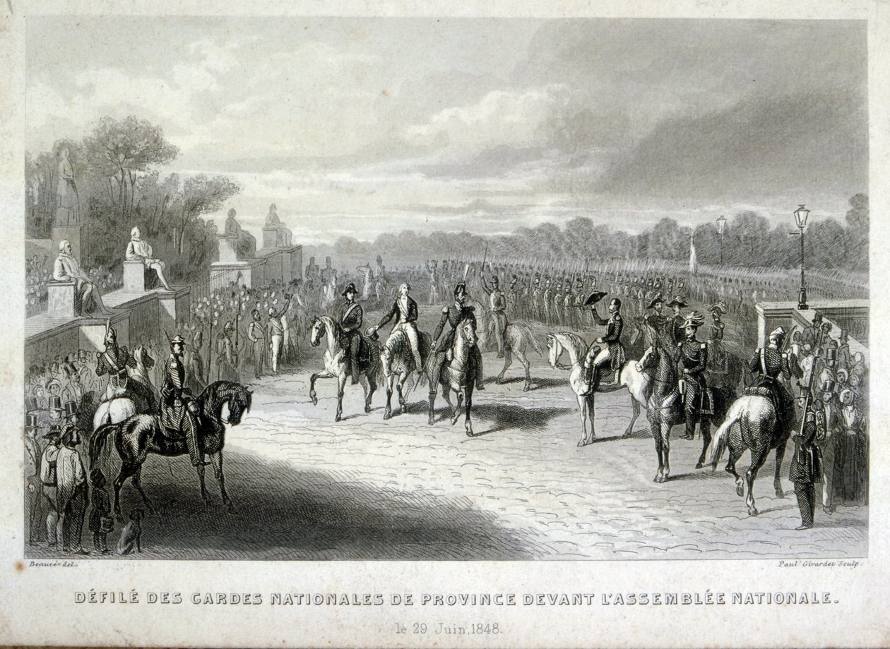 Kansalliskaartin sotilaat suojelevat Pariisin kansalliskokousta. Kaiverrus Ranskan 1848 vallankumouksen aikana (kaiverrus) tekijältä French School